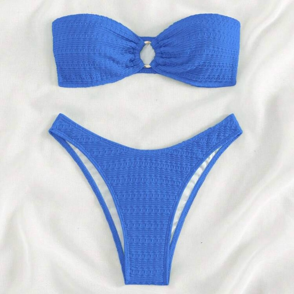 SHEIN Textured Ring Linked Bandeau Bikini Set, Blue, Size L, NWOT